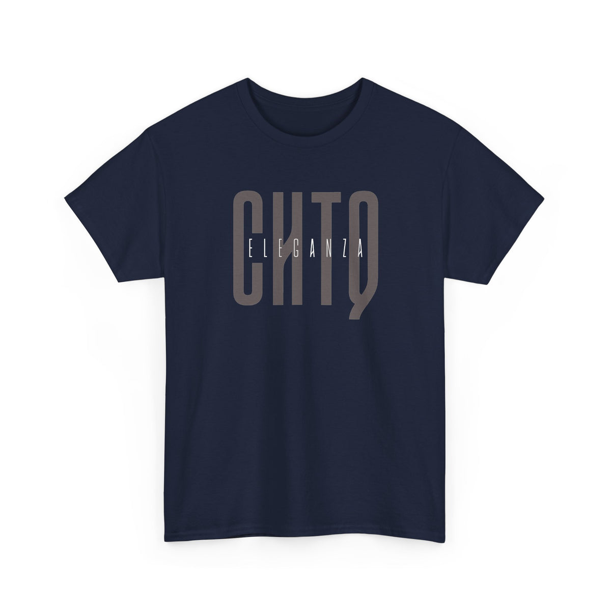 a navy blue crewneck t-shirt with a large gray graphic print reading 'CHTQ ELEGANZA' across the chest