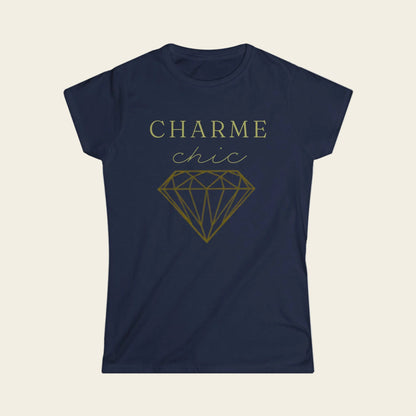A navy blue short-sleeve t-shirt with a gold graphic print on the front that reads 'CHARME chic' above a diamond outline, shown against a plain white background.