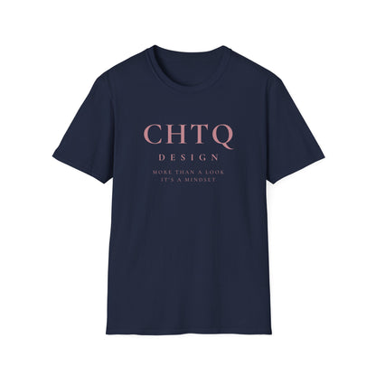 A blue CHTQ Design graphic T-shirt with pink “CHTQ DESIGN” and “More Than a Look, It’s a Mindset” text on the front, displayed on a white background.