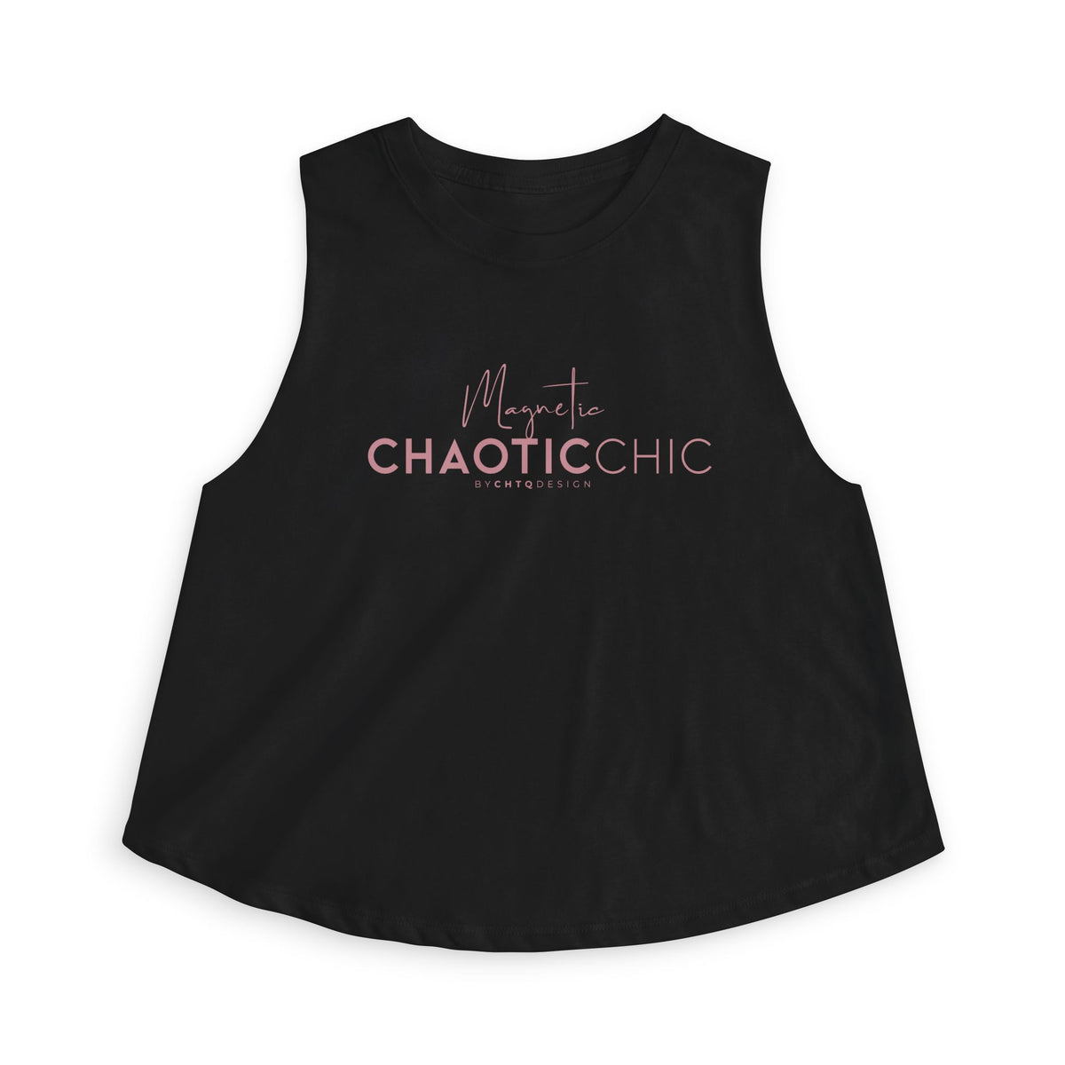 A black sleeveless crop top with a curved hem, featuring a pink graphic print on the front that reads 'Magnetic CHAOTICCHIC' with 'chaoticchic.com' underneath, displayed on a clean white background.