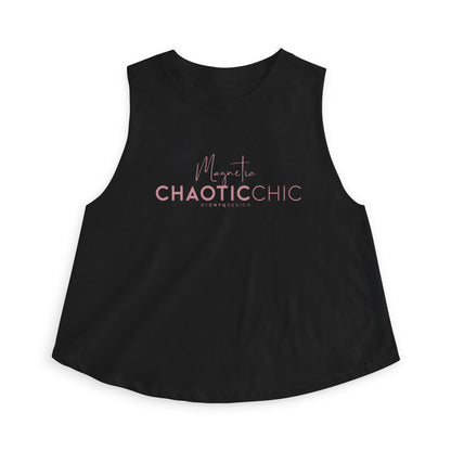 A black sleeveless crop top with a curved hem, featuring a pink graphic print on the front that reads 'Magnetic CHAOTICCHIC' with 'chaoticchic.com' underneath, displayed on a clean white background.