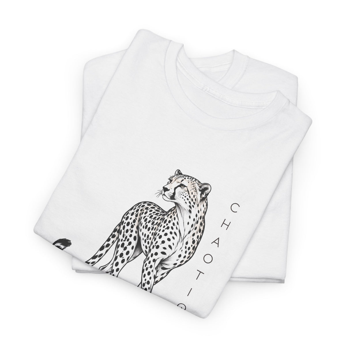 Folded White CHAOTIQUE graphic T-shirt with hand-drawn cheetah illustration, vertical CHAOTIQUE text and CHTQ Design details.