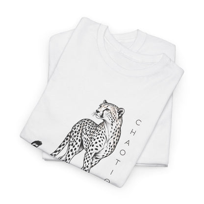 Folded White CHAOTIQUE graphic T-shirt with hand-drawn cheetah illustration, vertical CHAOTIQUE text and CHTQ Design details.
