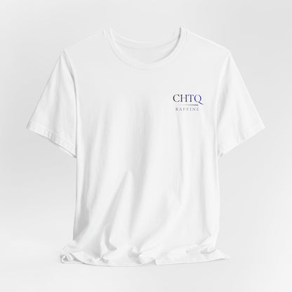 A white short-sleeve crewneck t-shirt with a small blue and black 'CHTQ RAFFINE' logo printed on the left chest, displayed on a light gray gradient background.