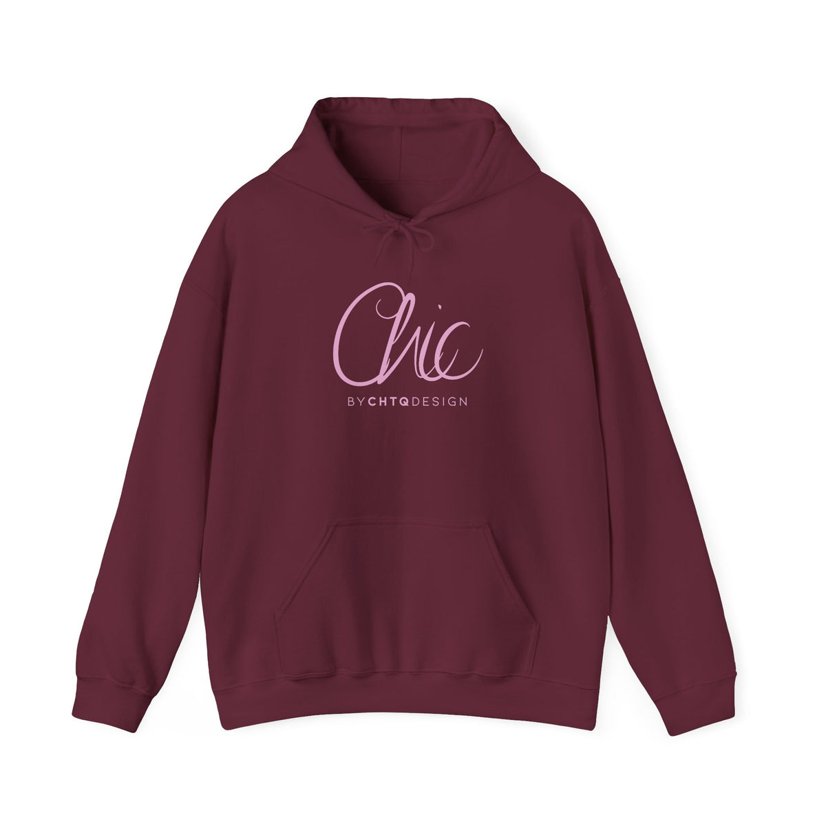 CHIC BY CHTQ DESIGN maroon women’s hoodie with rose gold script graphic