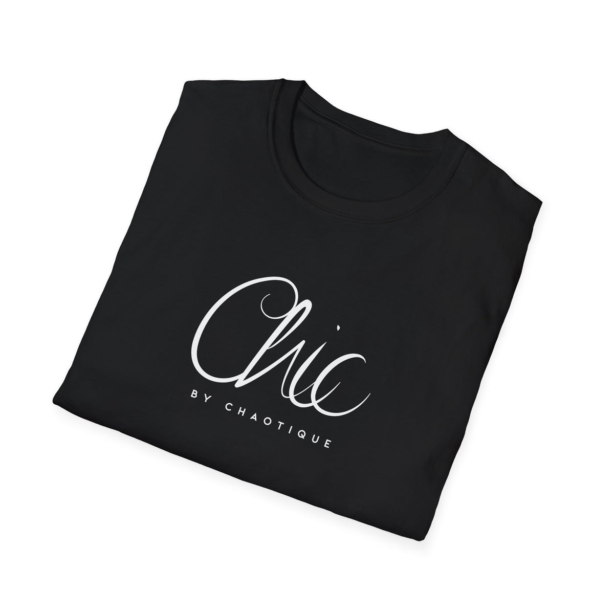 Folded Black Chic by Chaotique graphic T-shirt with white Chic script typography and small BY CHAOTIQUE lettering.