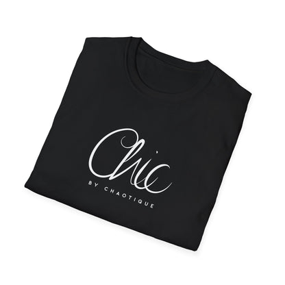 Folded Black Chic by Chaotique graphic T-shirt with white Chic script typography and small BY CHAOTIQUE lettering.