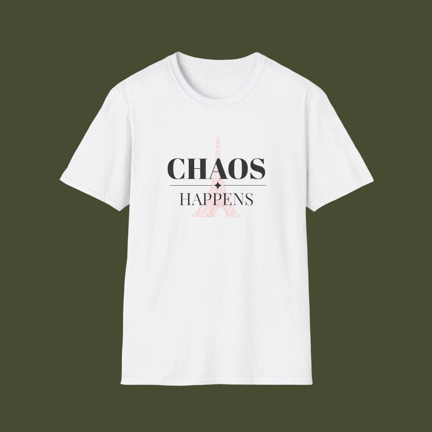 White t-shirt with a graphic design and text on a white background