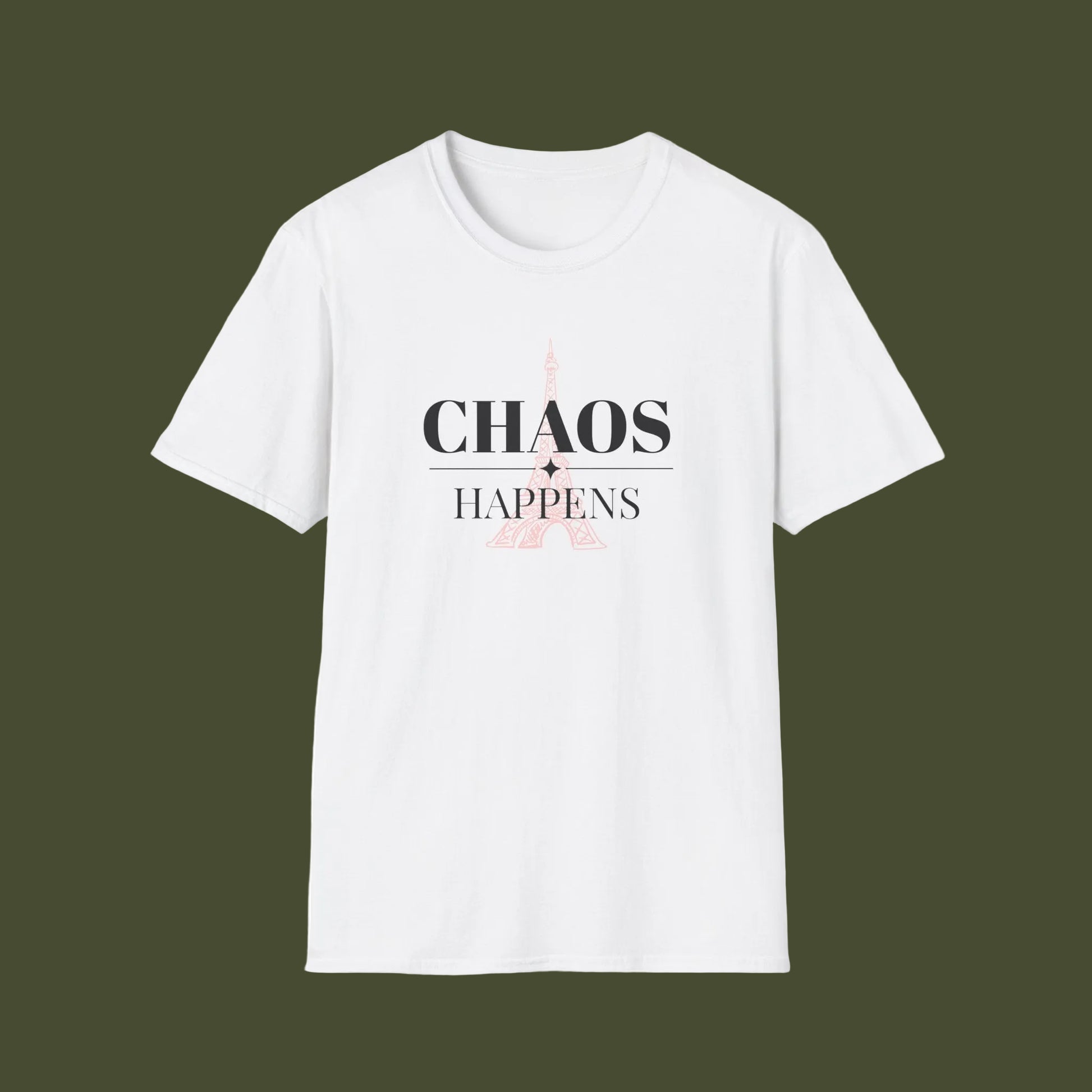 White t-shirt with a graphic design and text on a white background