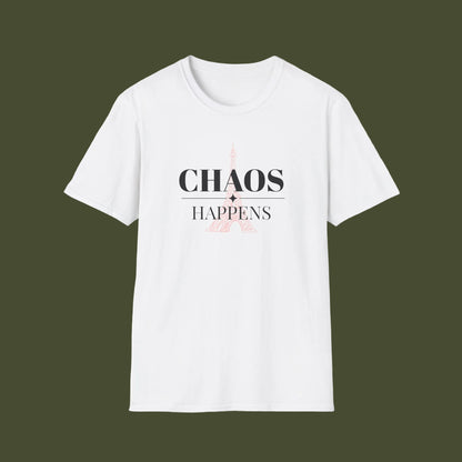 White t-shirt with a graphic design and text on a white background
