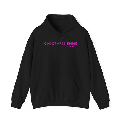 A black pullover hoodie featuring pink “CHIC PARISIENNE BY CHTQ” text printed across the chest, displayed against a clean white background.