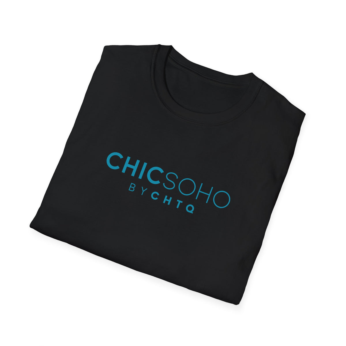 Black CHICSOHO graphic T-shirt with turquoise BY CHTQ logo print, short sleeves and crew neckline, displayed on a clean white background.
