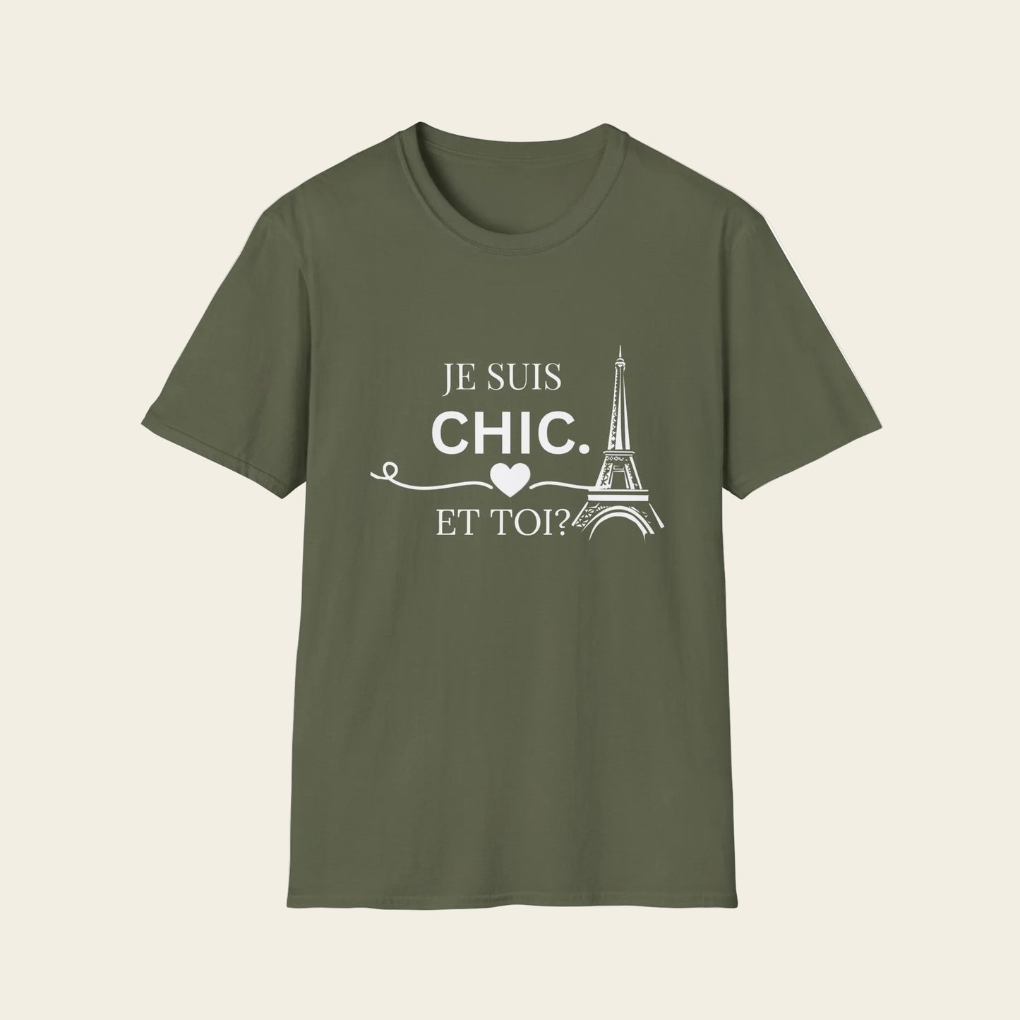 Green t-shirt with text 'Je Suis Chic. Et toi?'
