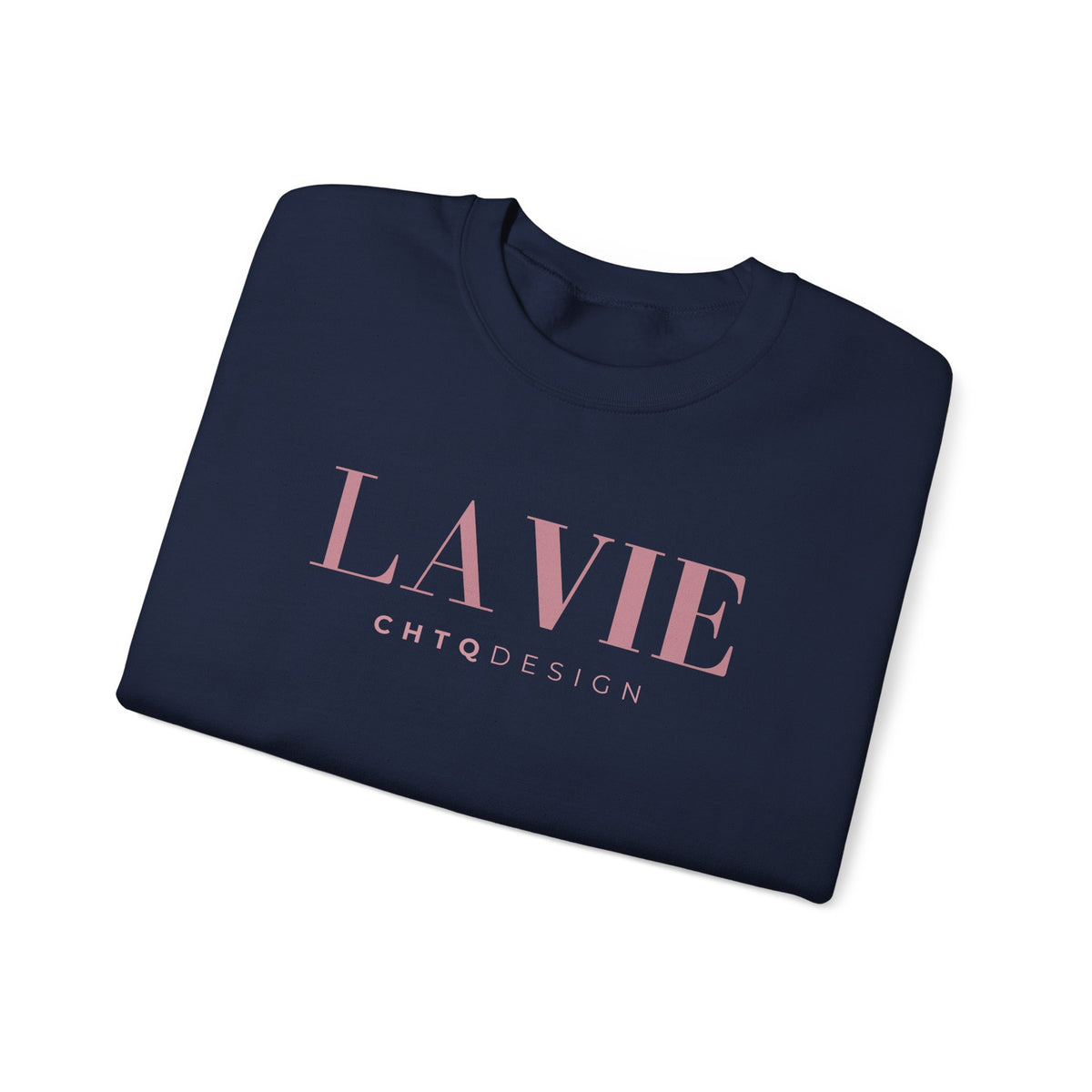 Folded navy blue sweatshirt with 'LAVIE CHTQDESIGN text on a light background