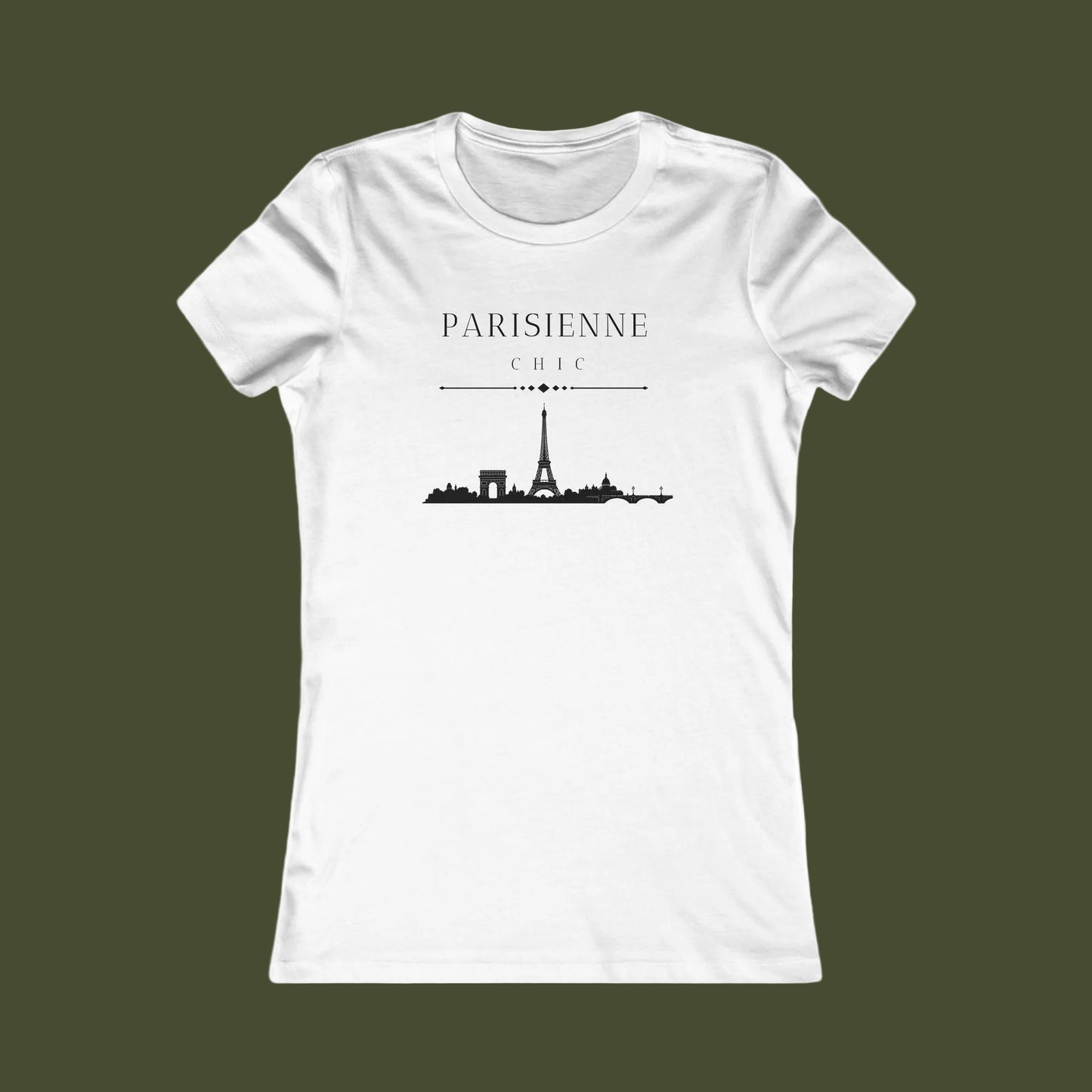 A white short-sleeve crewneck t-shirt featuring a black graphic print of the Paris skyline with the text 'PARISIENNE' and 'CHIC' on the chest, displayed against a solid white background.