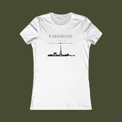 A white short-sleeve crewneck t-shirt featuring a black graphic print of the Paris skyline with the text 'PARISIENNE' and 'CHIC' on the chest, displayed against a solid white background.