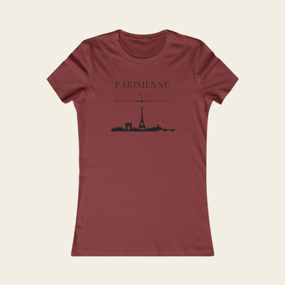 A women's short-sleeve crewneck t-shirt in a dusty brick red color, featuring a black graphic print of the Paris skyline with the text 'PARISIENNE' and 'CHILI' on the front.