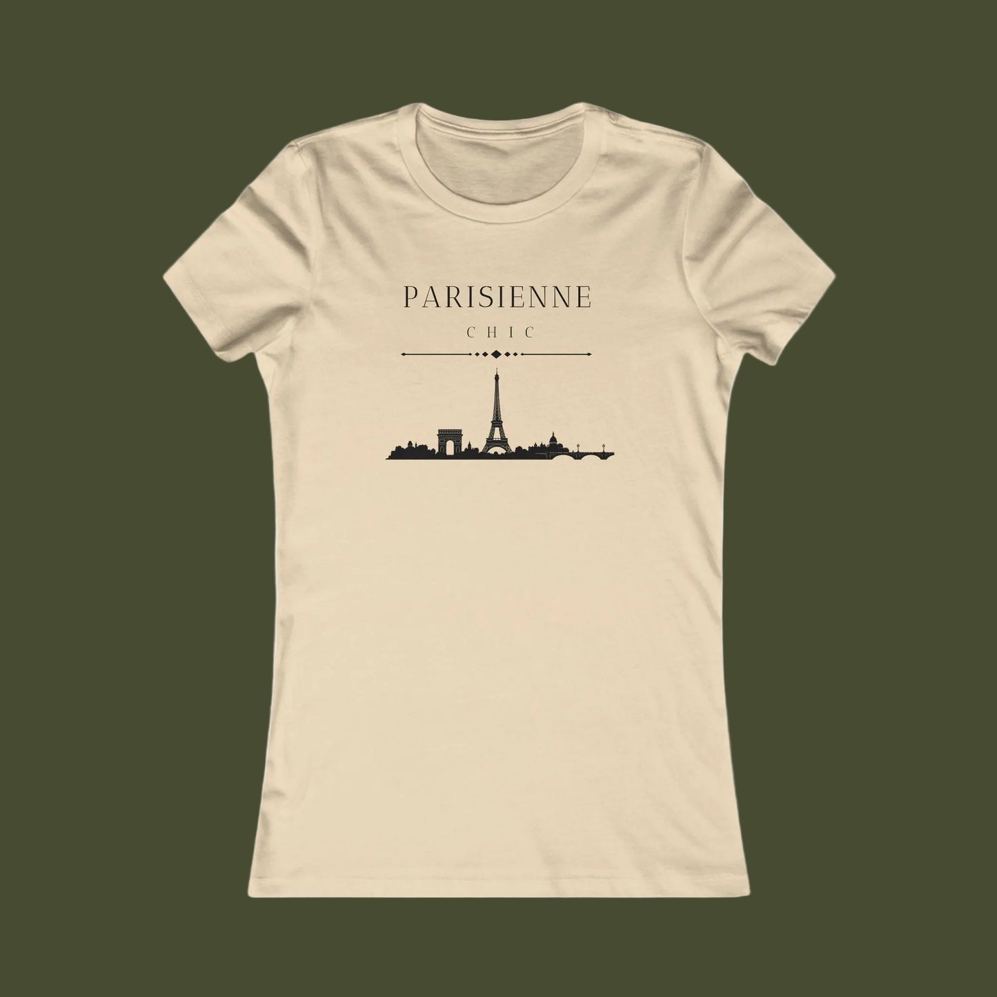 A beige short-sleeve crewneck t-shirt featuring a black graphic of the Paris skyline with the text 'PARISIENNE CHIC' printed on the chest, displayed against a solid white background.