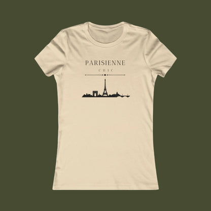 A beige short-sleeve crewneck t-shirt featuring a black graphic of the Paris skyline with the text 'PARISIENNE CHIC' printed on the chest, displayed against a solid white background.