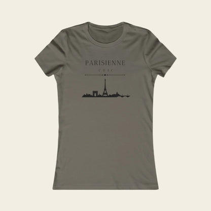 A women's short-sleeve crewneck t-shirt in a muted taupe-gray color, featuring a black graphic print of the Paris skyline with the text 'PARISIENNE' and 'CHIC' above it.