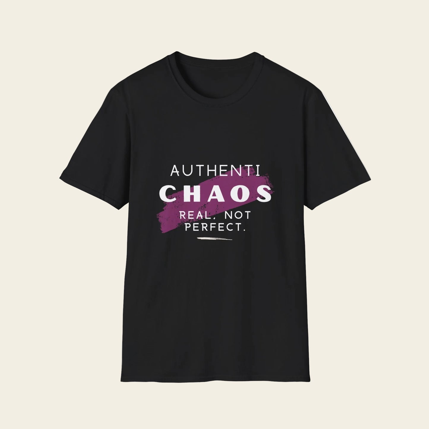 A black short-sleeve crewneck t-shirt with a graphic on the chest that reads 'AUTHENTICHAOS REAL, NOT PERFECT.' in white and purple text over a purple paint-splatter shape.