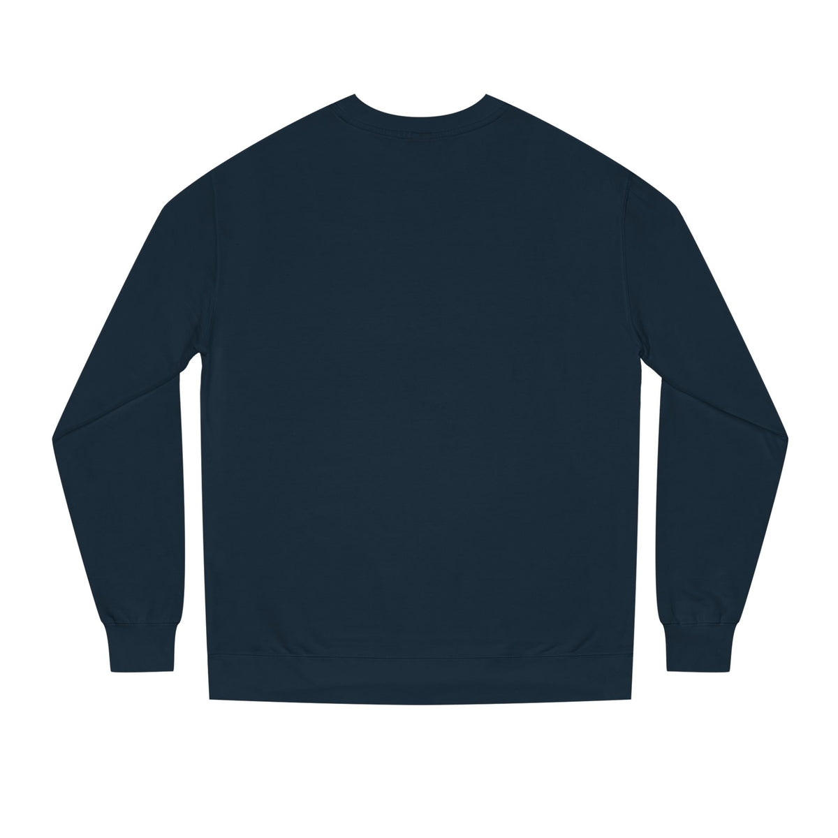 Backview of Navy blue D’Accord BEAU men's crewneck sweatshirt with dark navy typography and CHTQ Design logo on the front.