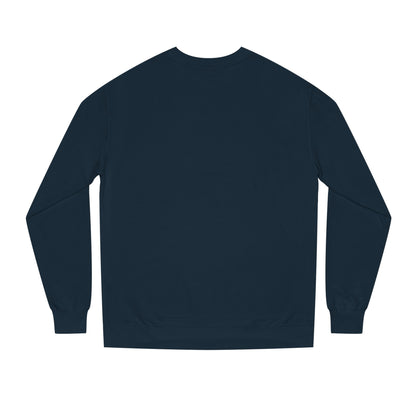 Backview of Navy blue D’Accord BEAU men's crewneck sweatshirt with dark navy typography and CHTQ Design logo on the front.