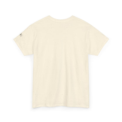 Back view of natural CHAOTIQUE graphic T-shirt showing the plain back and classic crewneck design.