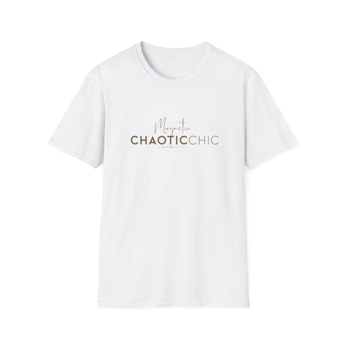 A white short-sleeve graphic T-shirt with 'Magnetic Chaotic Chic' printed in green across the chest, displayed against a plain white background.