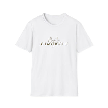 A white short-sleeve graphic T-shirt with 'Magnetic Chaotic Chic' printed in green across the chest, displayed against a plain white background.