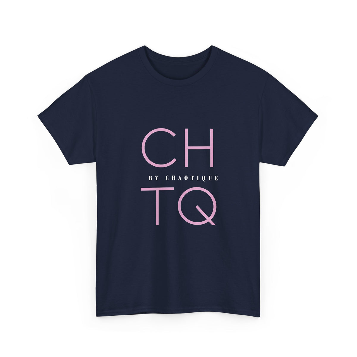 A navy blue short-sleeve t-shirt with a pink graphic print on the front reading 'CHTQ' and 'BY CHAOTIQUE' in smaller text, displayed on a clean white background.