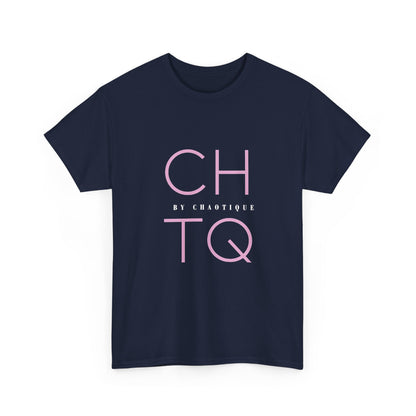 A navy blue short-sleeve t-shirt with a pink graphic print on the front reading 'CHTQ' and 'BY CHAOTIQUE' in smaller text, displayed on a clean white background.