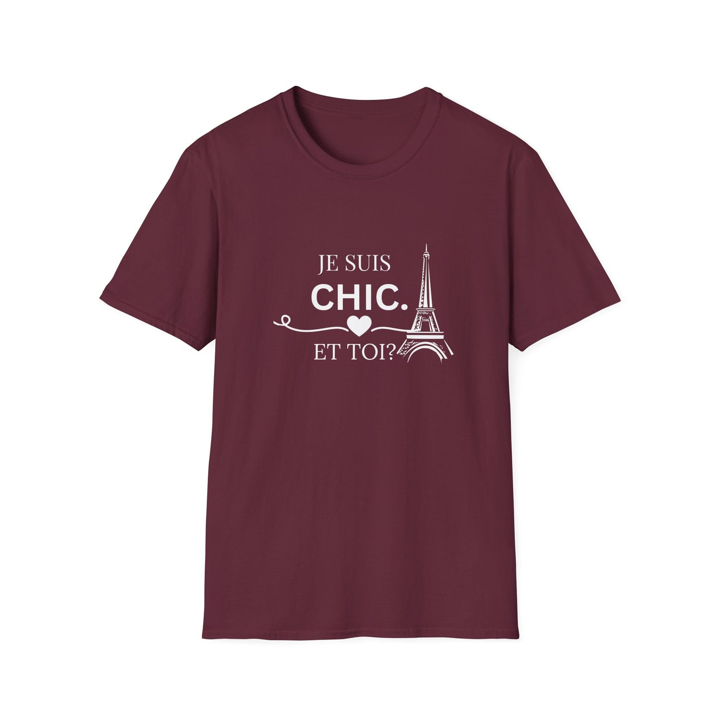 Maroon graphic T-shirt featuring “Je Suis Chic. Et Toi?” in white with an Eiffel Tower and heart design.