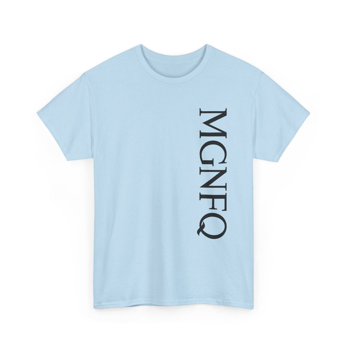 A light blue short-sleeve crewneck T-shirt featuring “MGNFQ” printed vertically in white letters on the right side of the front, displayed against a plain white background.