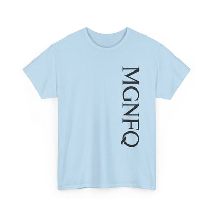 A light blue short-sleeve crewneck T-shirt featuring “MGNFQ” printed vertically in white letters on the right side of the front, displayed against a plain white background.