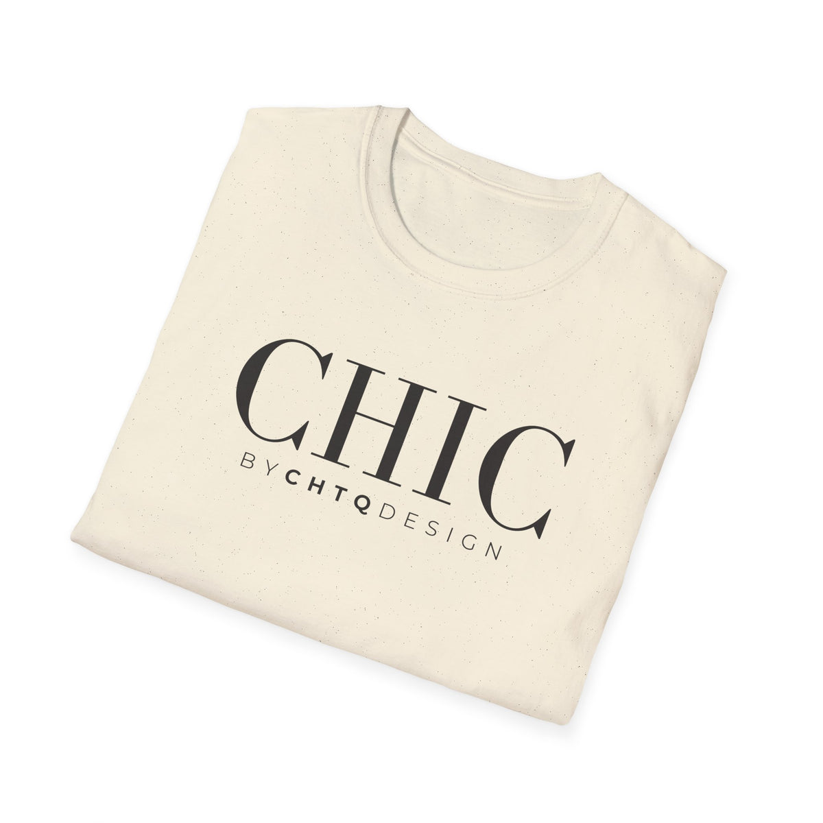 Folded CHIC by CHTQ Design Women’s Graphic T-Shirt in light beige with black typography visible on the front. 