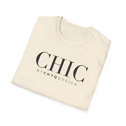Folded CHIC by CHTQ Design Women’s Graphic T-Shirt in light beige with black typography visible on the front. 