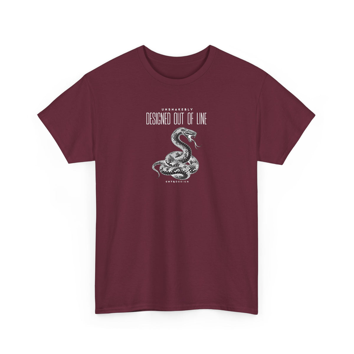 Burgundy UNSNAKEBLY Designed Out of Line graphic T-shirt featuring a contrasting snake illustration and CHTQ Design typography.