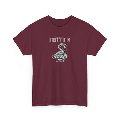 Burgundy UNSNAKEBLY Designed Out of Line graphic T-shirt featuring a contrasting snake illustration and CHTQ Design typography.