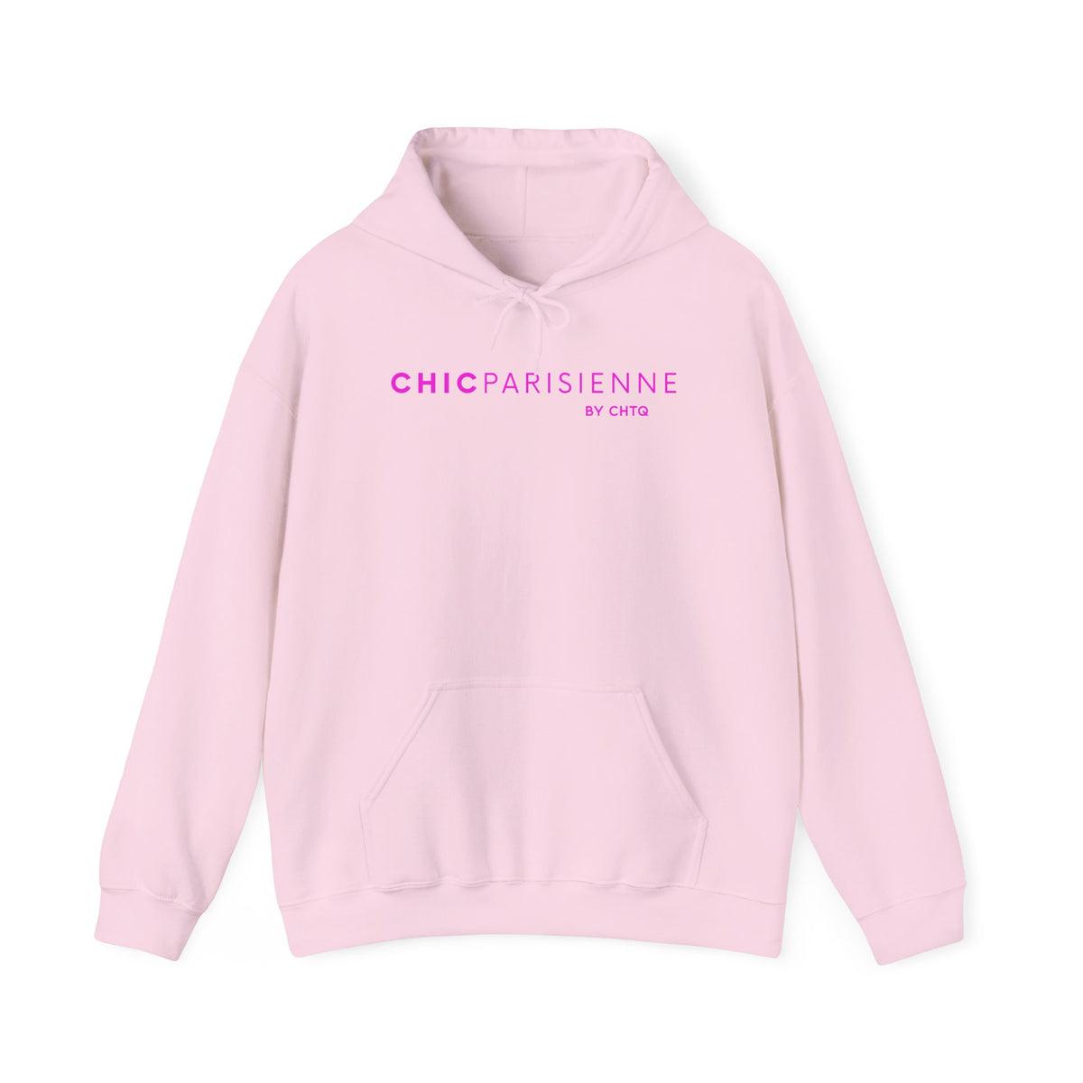 A light pink pullover hoodie featuring pink “CHIC PARISIENNE BY CHTQ” text printed across the chest, displayed against a clean white background.
