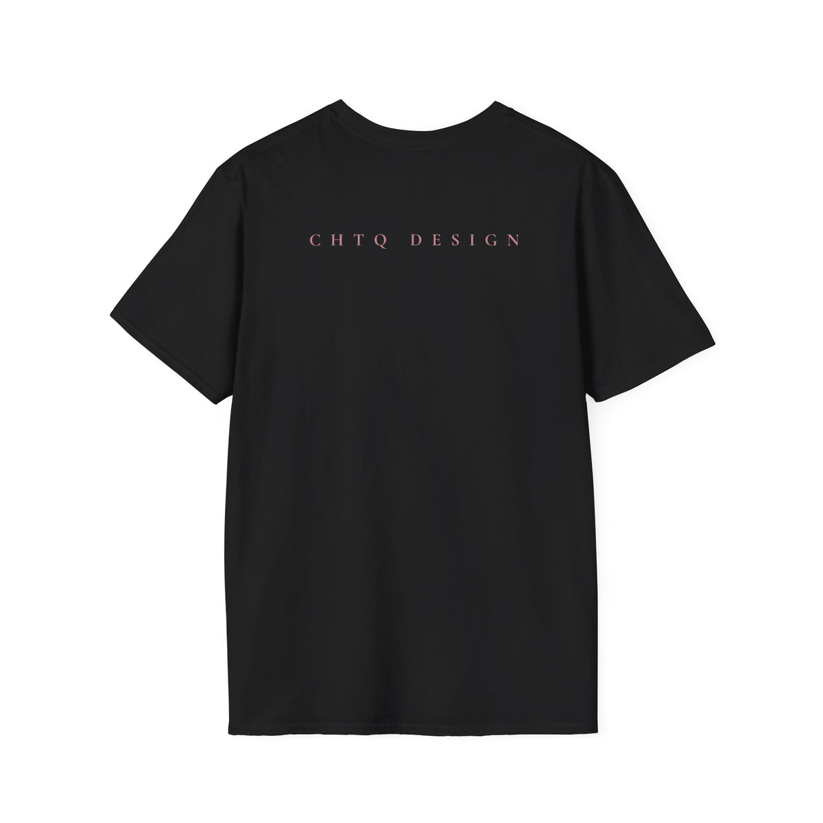 A black CHTQ Design graphic T-shirt from back with pink “CHTQ DESIGN” and “More Than a Look, It’s a Mindset” text on the front, displayed on a white background.
