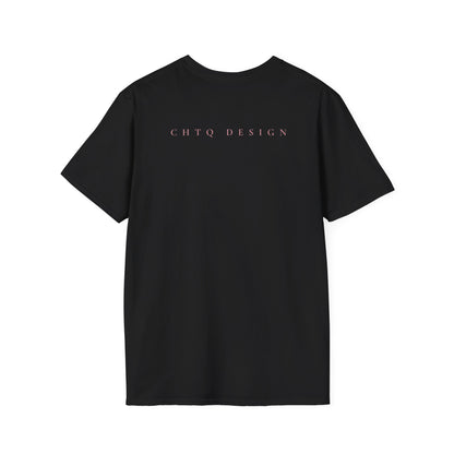 A black CHTQ Design graphic T-shirt from back with pink “CHTQ DESIGN” and “More Than a Look, It’s a Mindset” text on the front, displayed on a white background.