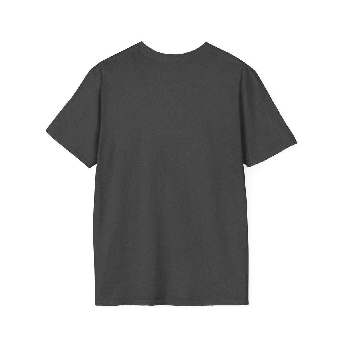 Back view of a dark heather crew neck T-shirt with plain back and short sleeves.