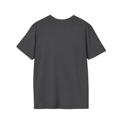 Back view of a dark heather crew neck T-shirt with plain back and short sleeves.
