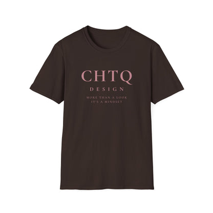 A dark brown CHTQ Design graphic T-shirt with pink “CHTQ DESIGN” and “More Than a Look, It’s a Mindset” text on the front, displayed on a white background.