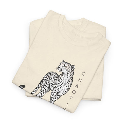 Folded Natural CHAOTIQUE graphic T-shirt with hand-drawn cheetah illustration, vertical CHAOTIQUE text and CHTQ Design details.