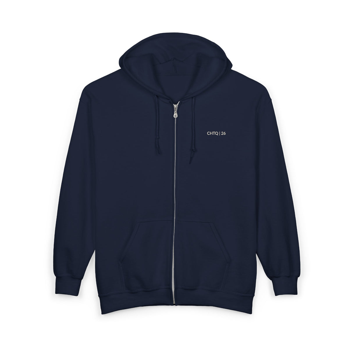 Front view of Back view of a navy blue hoodie with text 'Primadonna A little bit dramatic' and CHTQ 26 printed on chest
