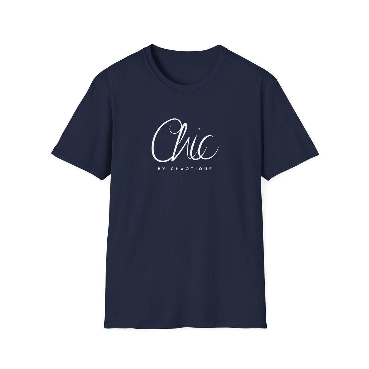 Navy blue graphic T-shirt featuring white Chic by Chaotique typography on the front.