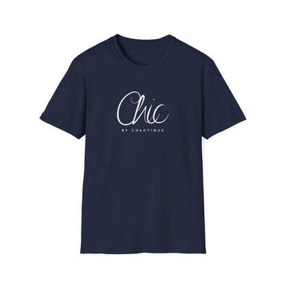 Navy blue graphic T-shirt featuring white Chic by Chaotique typography on the front.