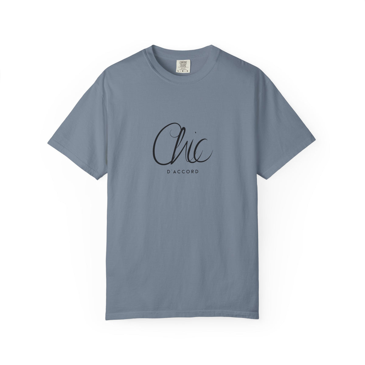 A blue jean short-sleeve T-shirt featuring a pink “Chic D’Accord” graphic on the chest, displayed against a clean white background.
